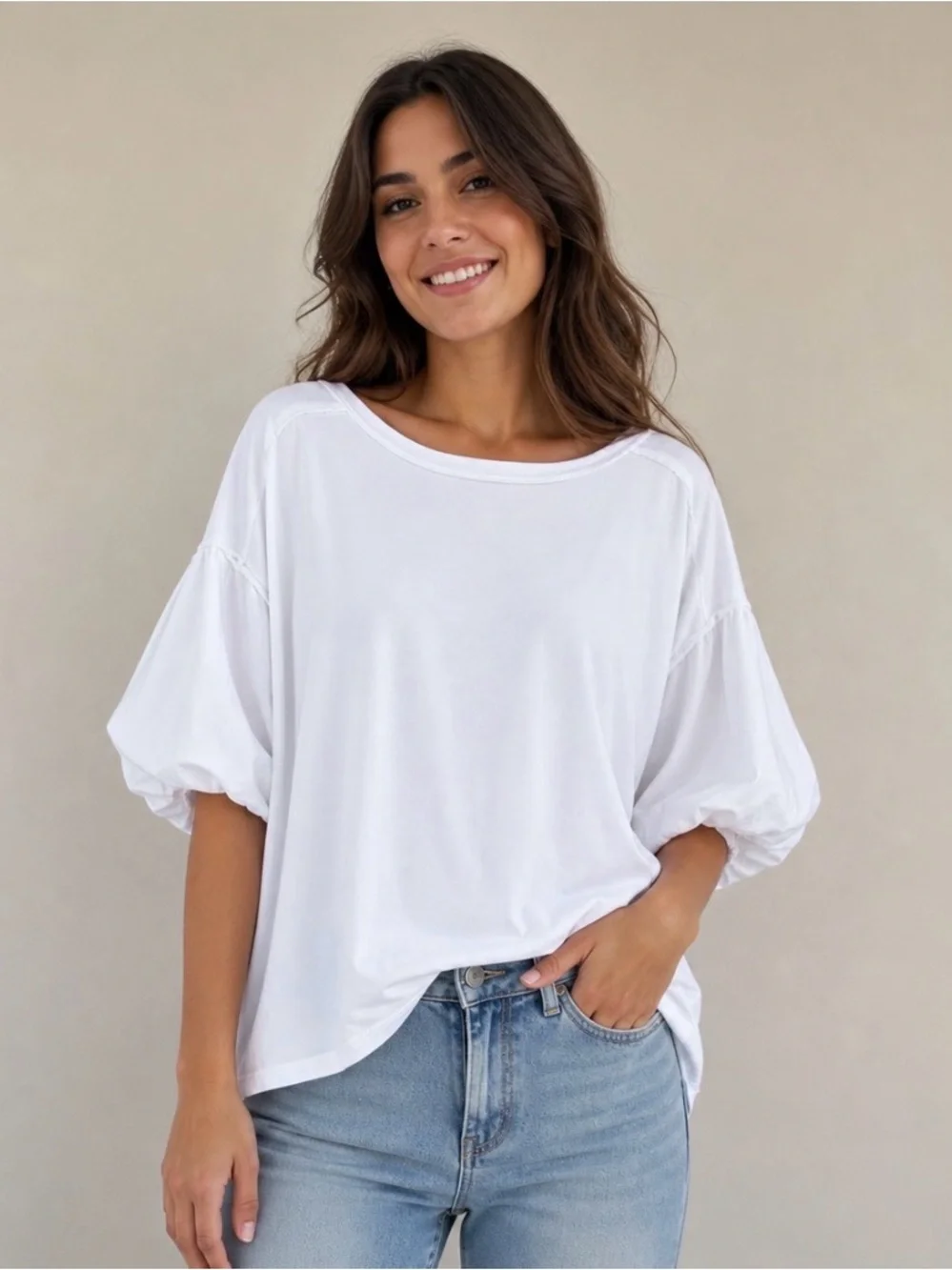 Free People Top Tee Shirts 100% Cotton Relaxed Puff-Sleeve